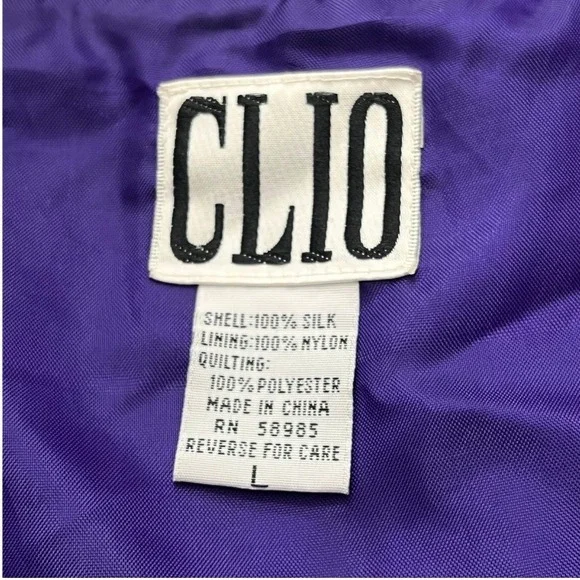 Vintage 80s CLIO‎ 100% Silk Purple Bomber Jacket Sz L Quilted Quiet Luxury Y2K - Picture 2 of 9